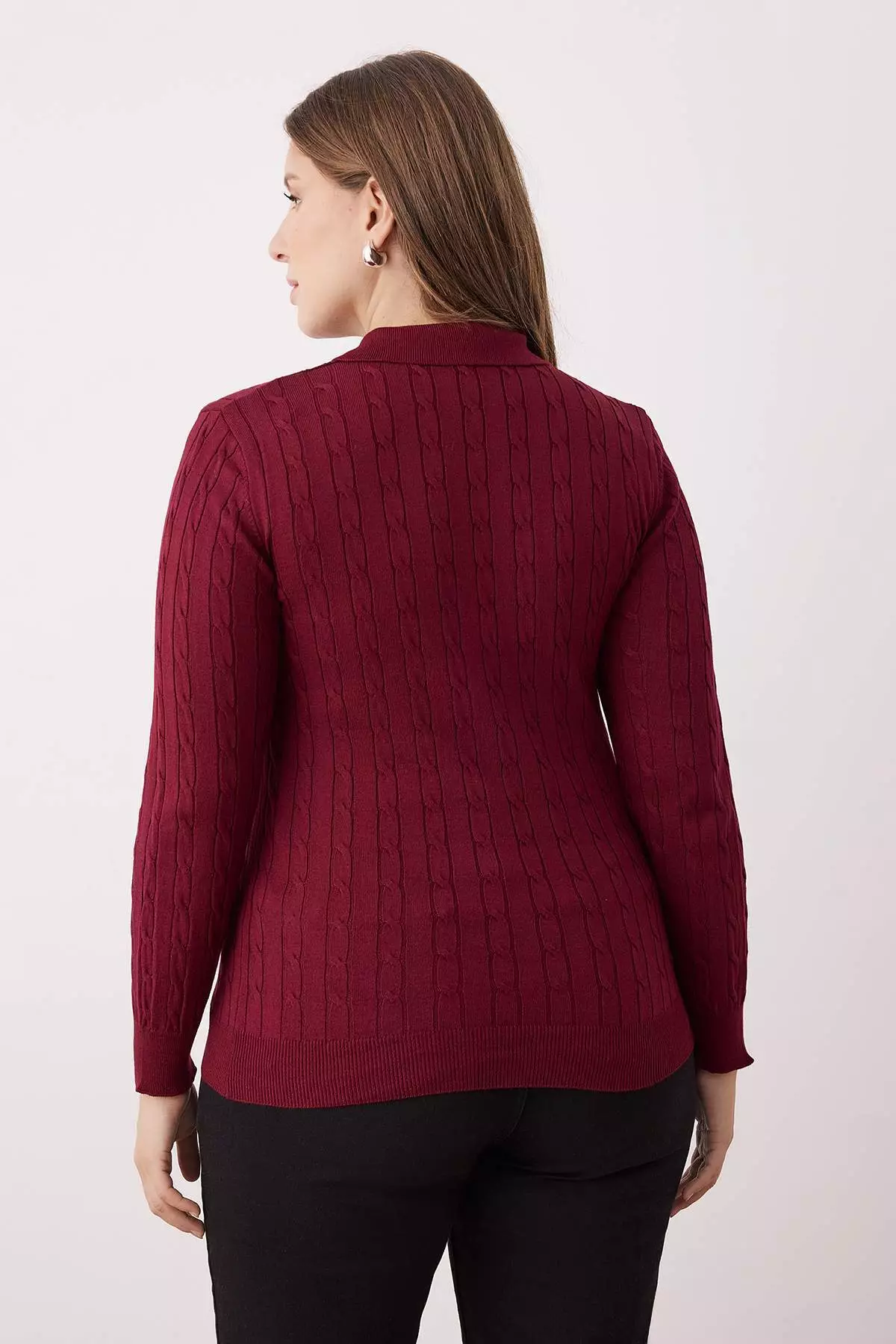 Dark Cherry Polo Collar Hair Knit Thin Knit Blouse