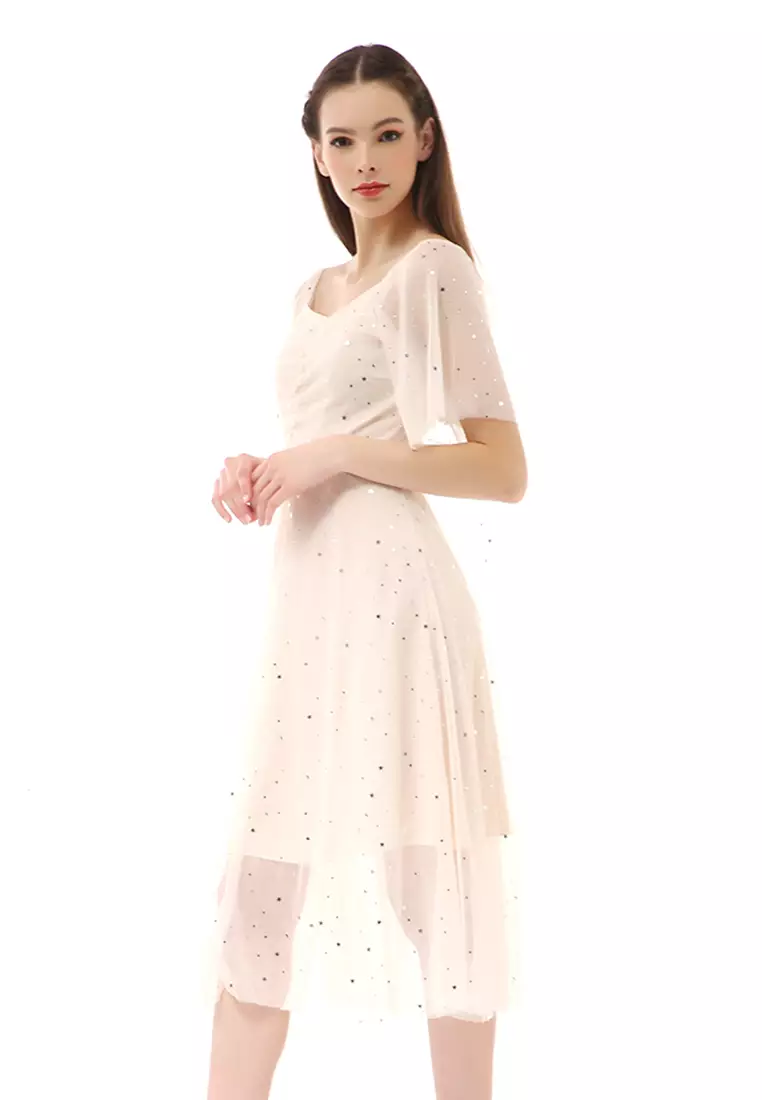 Rachel Dress Fashion Wanita Lengan Pendek Stylish Design Material Brukat ORIGINAL - Cream