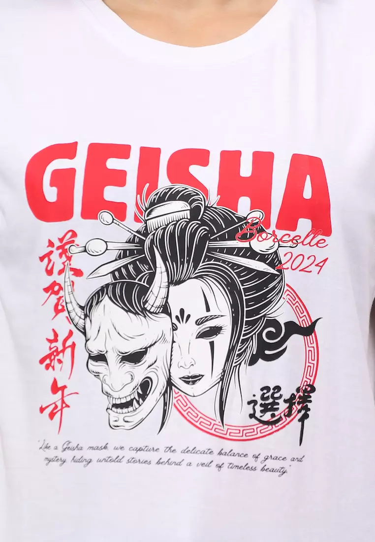 女款艺伎图案白色棉质常规版型T恤/T恤，短袖，圆领