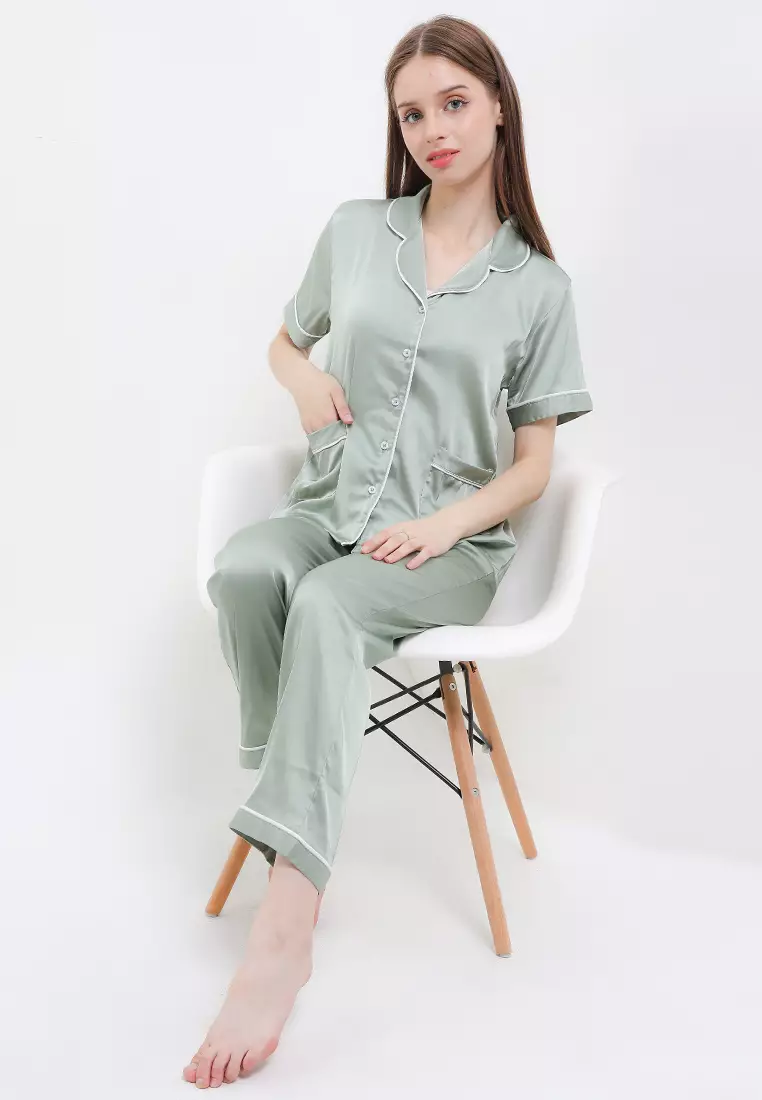 Piyama Pijama Baju Tidur Satin Silk Couple Mens Short Sleeve Long Pants Sleepwear