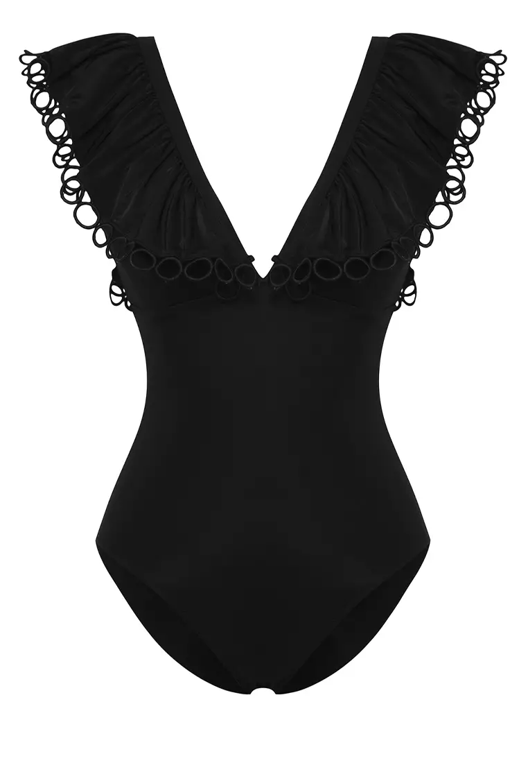 Black V Neck Flounce Regular Swimsuit