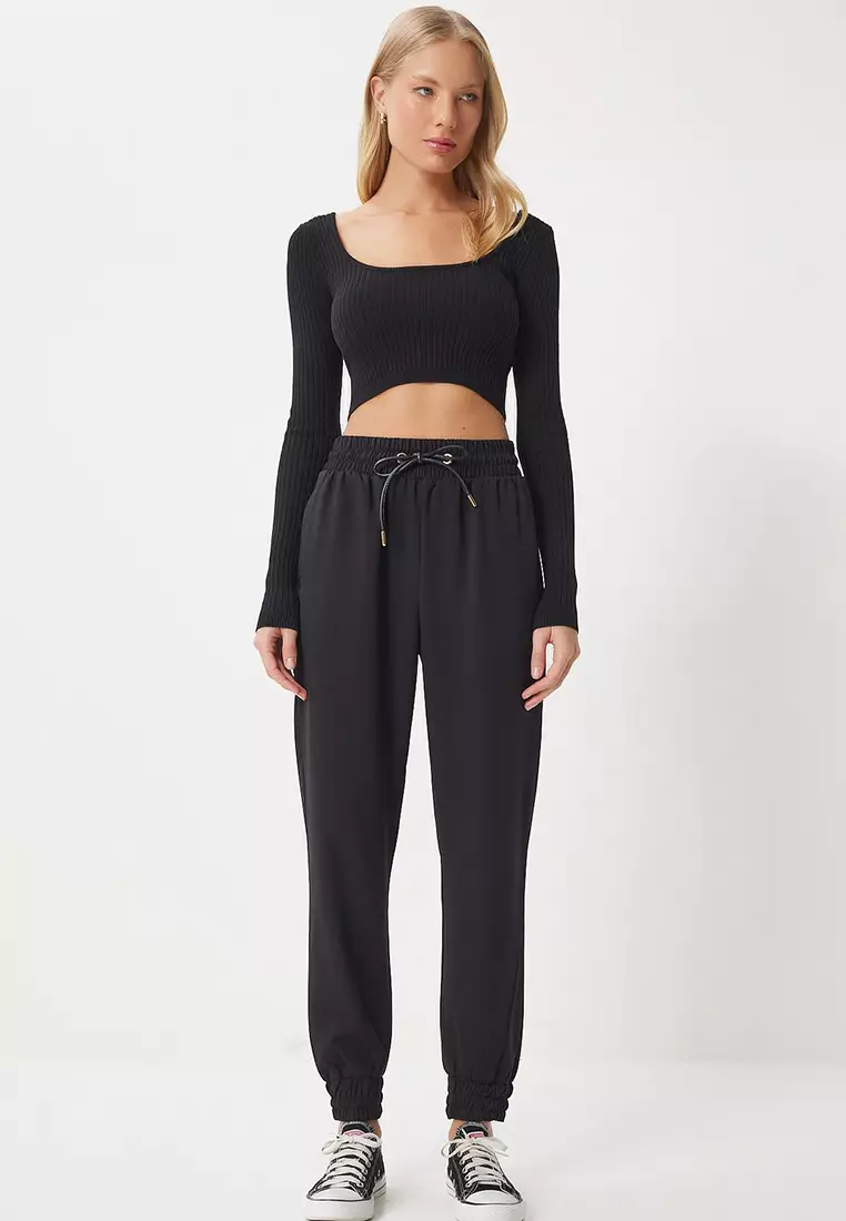 Black Cord Belted Woven Jogger Tracksuit Pants