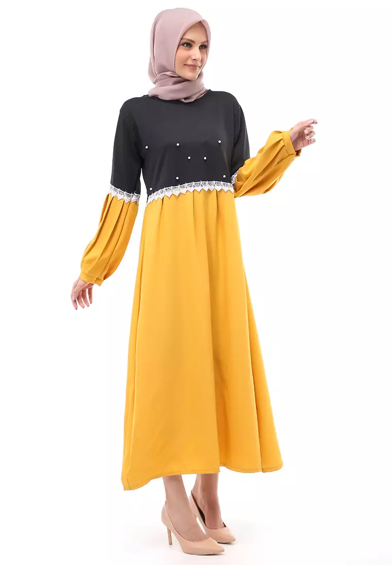 Sarinah Gamis Muslimah Panjang Atasan Wanita Motif Mutiara Regular Fit - Mustard