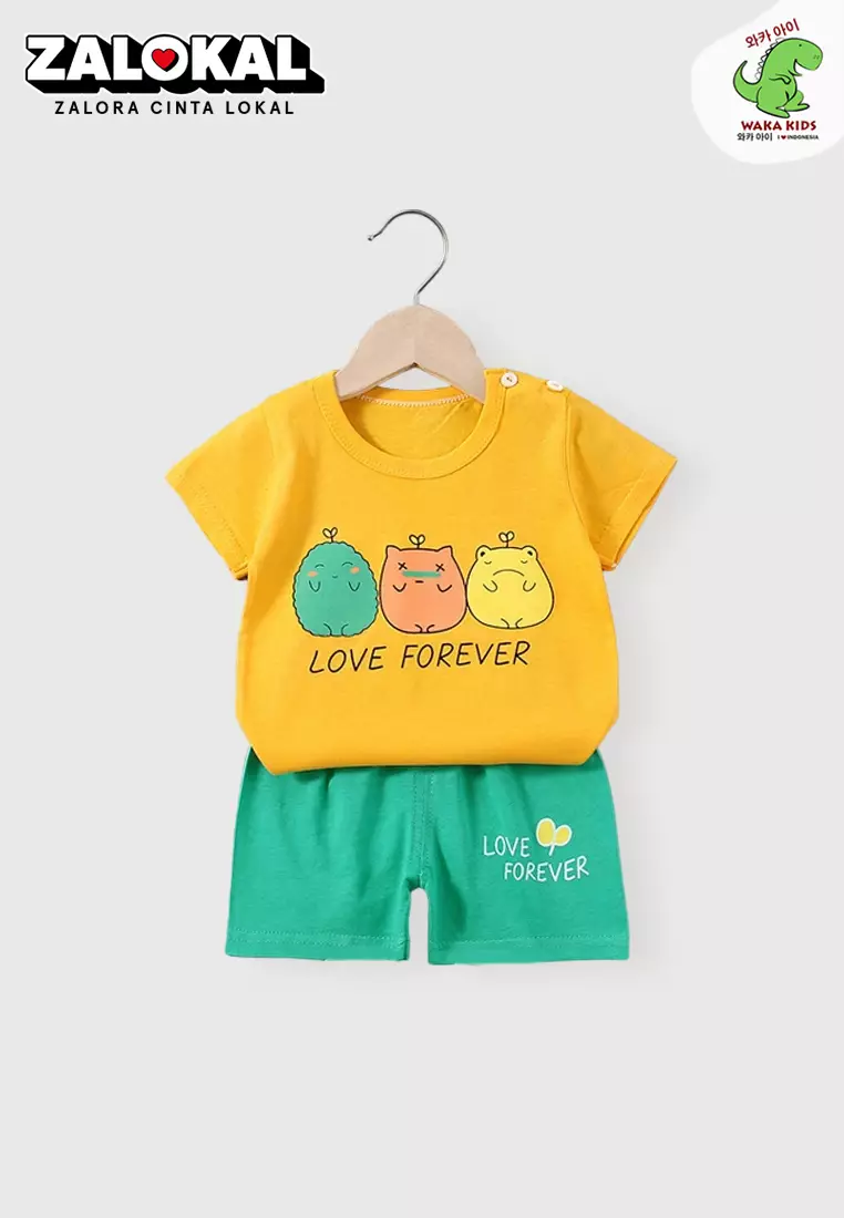 Setelan Bayi Baju Anak Laki Laki Oblong Lengan Pendek Set Celana Kaos Motif Lucu Love Forever Import Venrz 4431