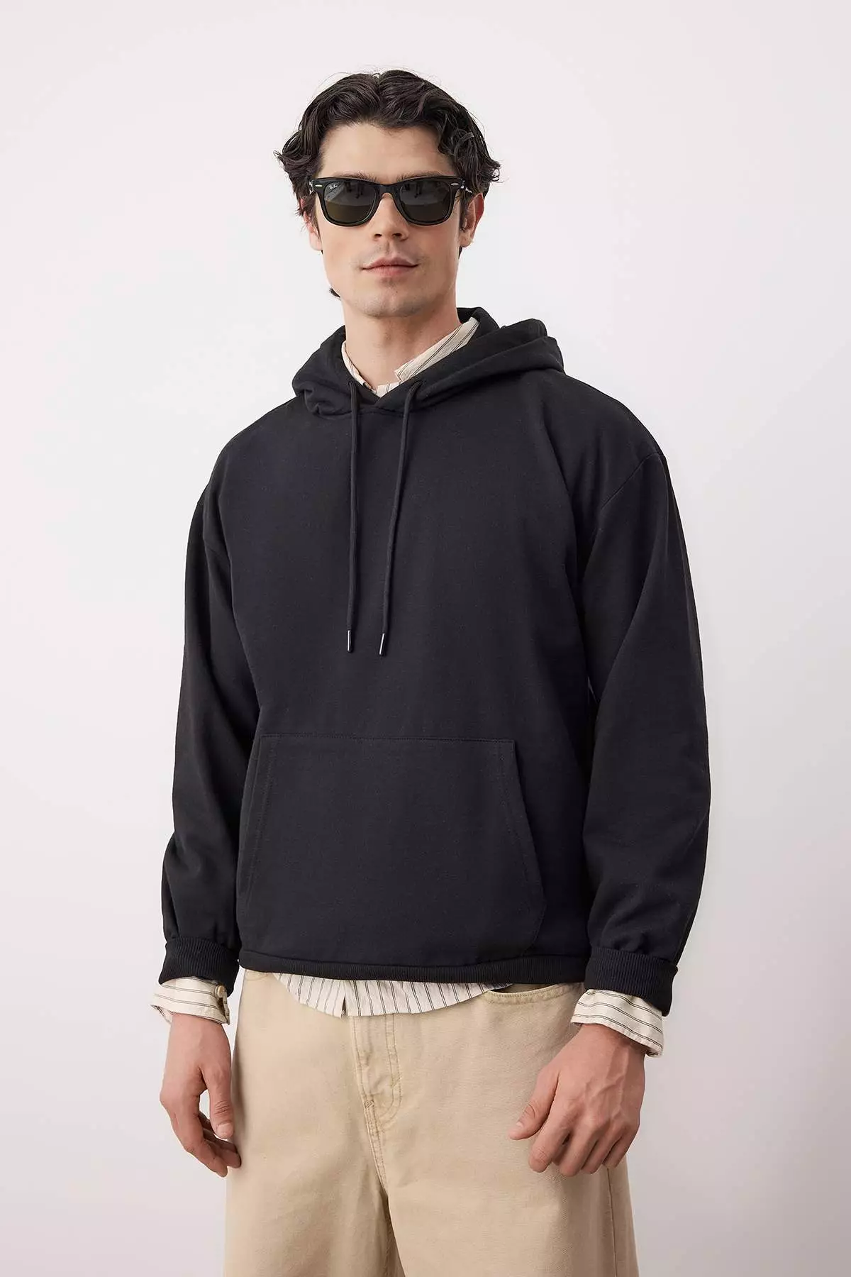 Black Oversize/Wide Cut Hooded Fleece/Warm Deer Printed Sweatshirt