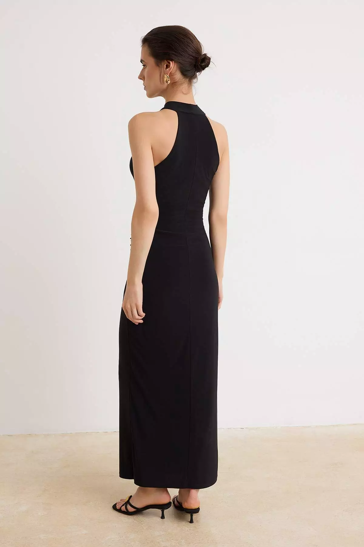 Black Belt Detailed Halter Neck Bodycone/Fitted Stretchy Maxi Knitted Dress Twoss25El00689