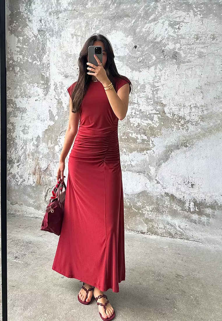 Brick Moon Sleeve Gather/Drape Detail Stretchy Maxi Knitted Dress Twoss25El00666