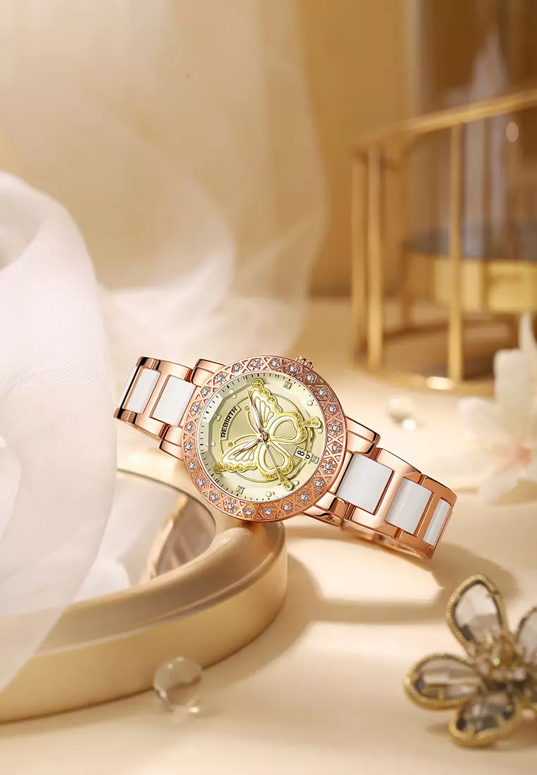 Jam Tangan Wanita Desain Kupu-Kupu Berlian Kristal Kalender Tali Stainless Steel Ceramic Anti Air Warna rosegreen