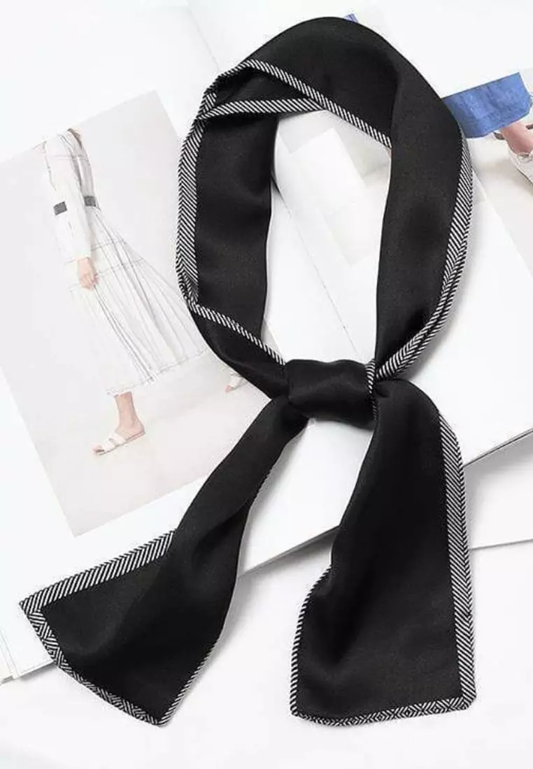 Aksesoris Wanita Plain With Zig Zag Border Twilly Skinny Multi purpose Scarf Leher Black & White