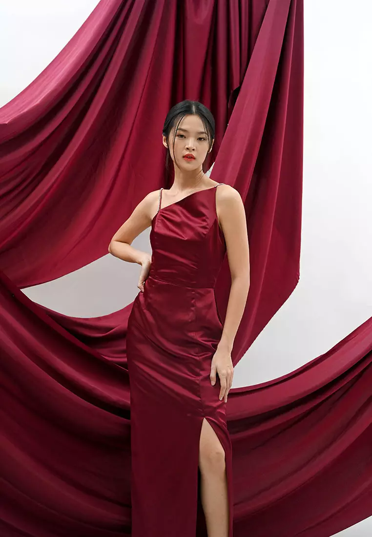 Rhinestone Asymmetric Satin Maxi Dress in Maroon