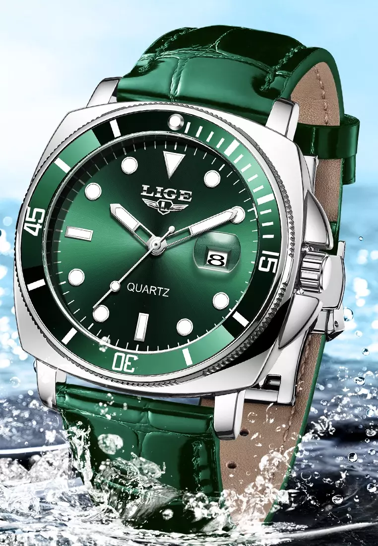 Unisex Classic Diver's Stainless Steel Quartz Watch with turning Bezel, Leather Strap