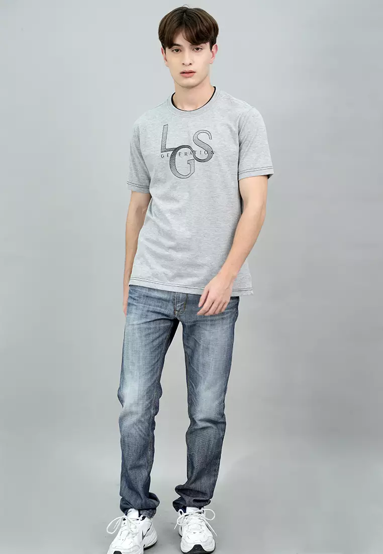 LGS - Kaos Casual Pria Lengan Pendek Motif Sablon Warna Abu-Abu Slim Fit - JTS.322.S3333F.21.C