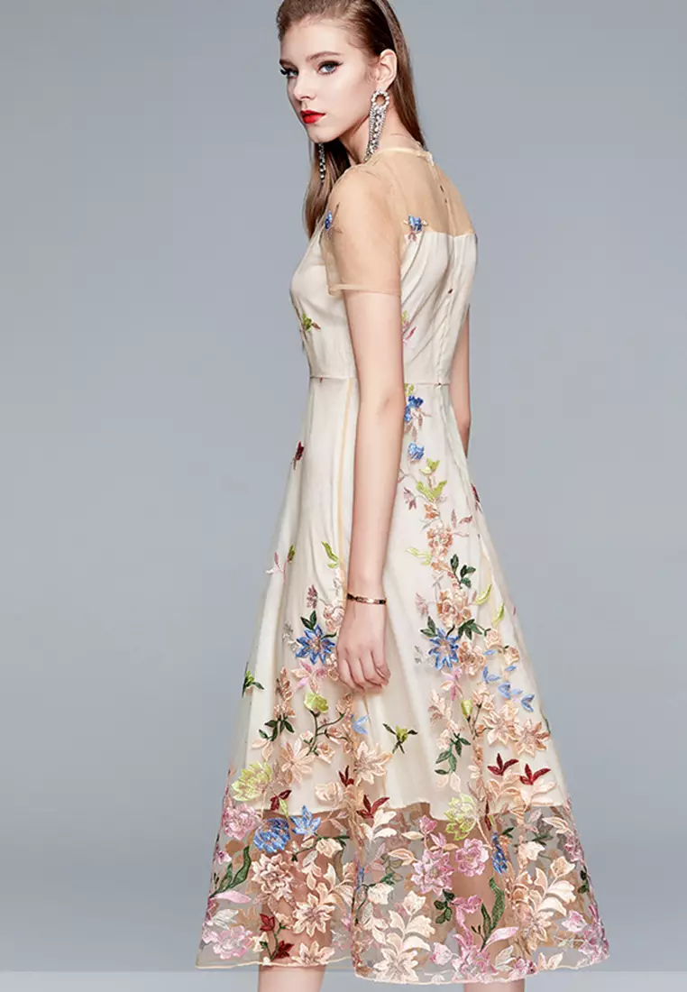 Tulle with Embroidered Floral Midi One Piece Dress Evening Dress  A21032909KI