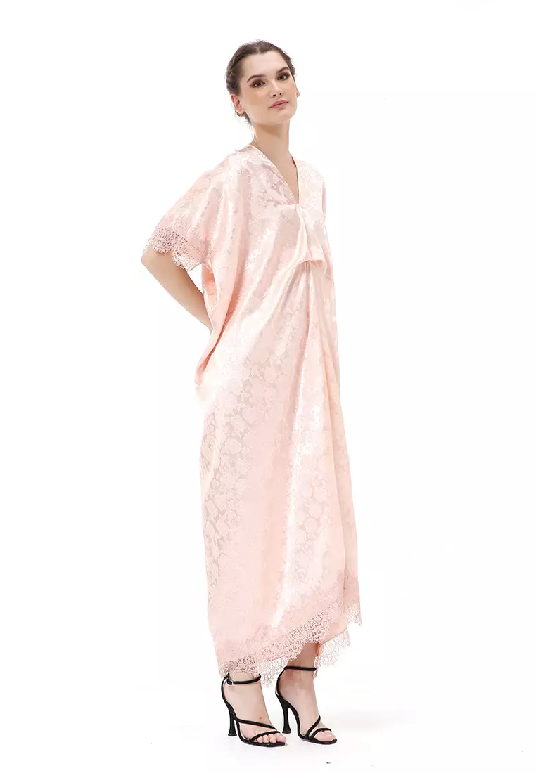 Rachel Dress Wanita Long Kaftan Traditional Motive Material Jaguar ORIGINAL - Peach