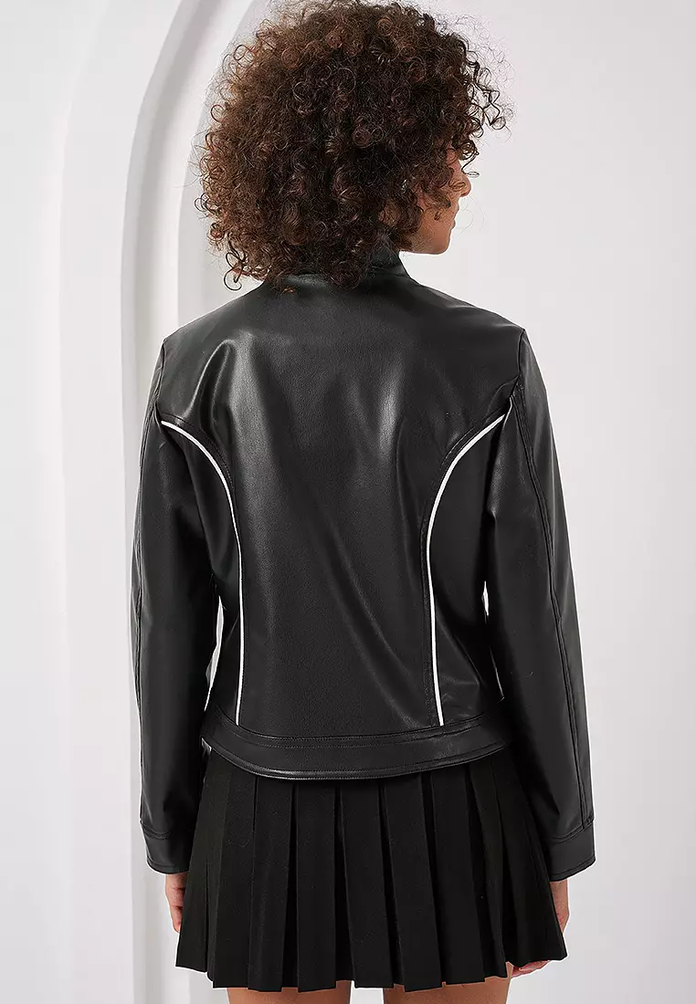 Stand Collar Faux Leather Jacket