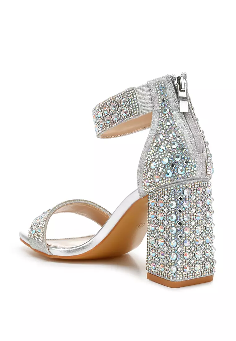Rhinestones And Sequins Block Sandals in Silver
