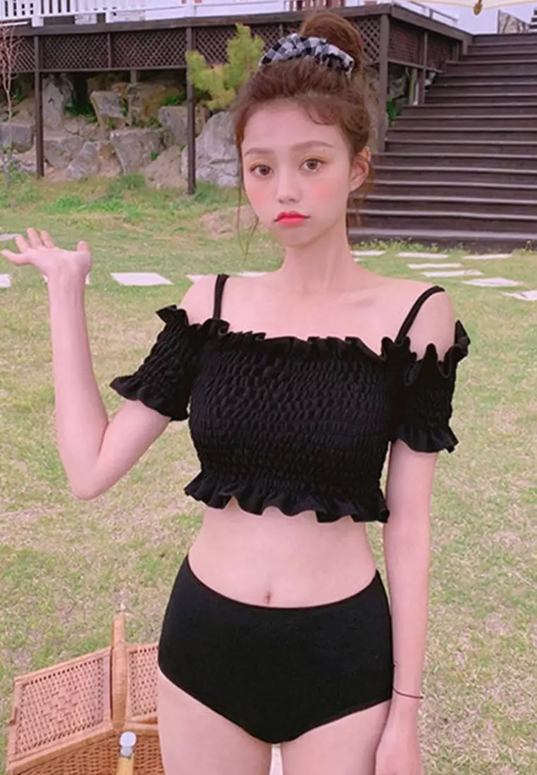 Age-Reducing Pleated Suspenders One-Shoulder Collar Split Swimsuit A22031710