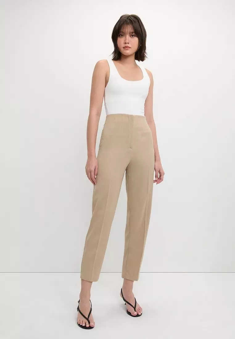 Tailored High-Waist Pants - Beige