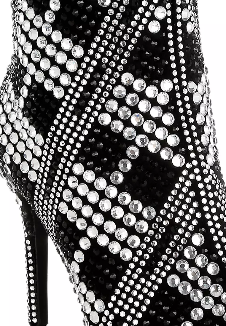 Rhinestones Studded Stiletto Heel Boots in Black