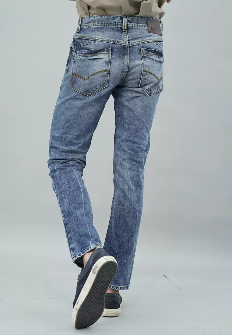 LGS - Celana Panjang Jeans Pria -  Premium Denim Whiskers - Warna Biru - Motif Washed - Perfect Slim Straight - JPF.492.P103.A661.C