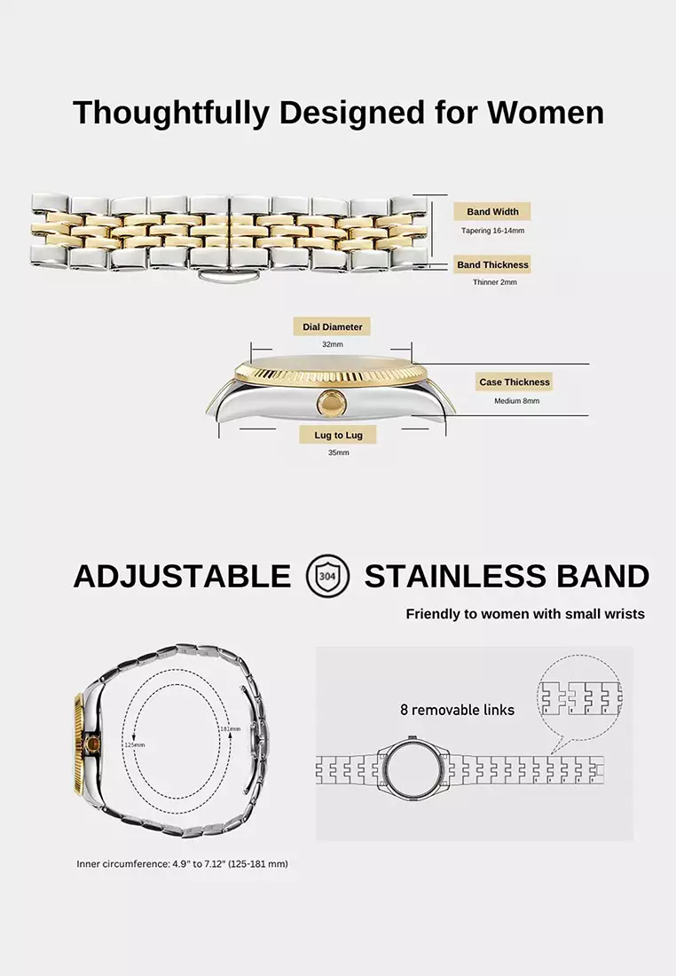 Women's Watch 32mm Pink Round Dial Stainless Steel Strap Calendar Function Rose Mary-Pink