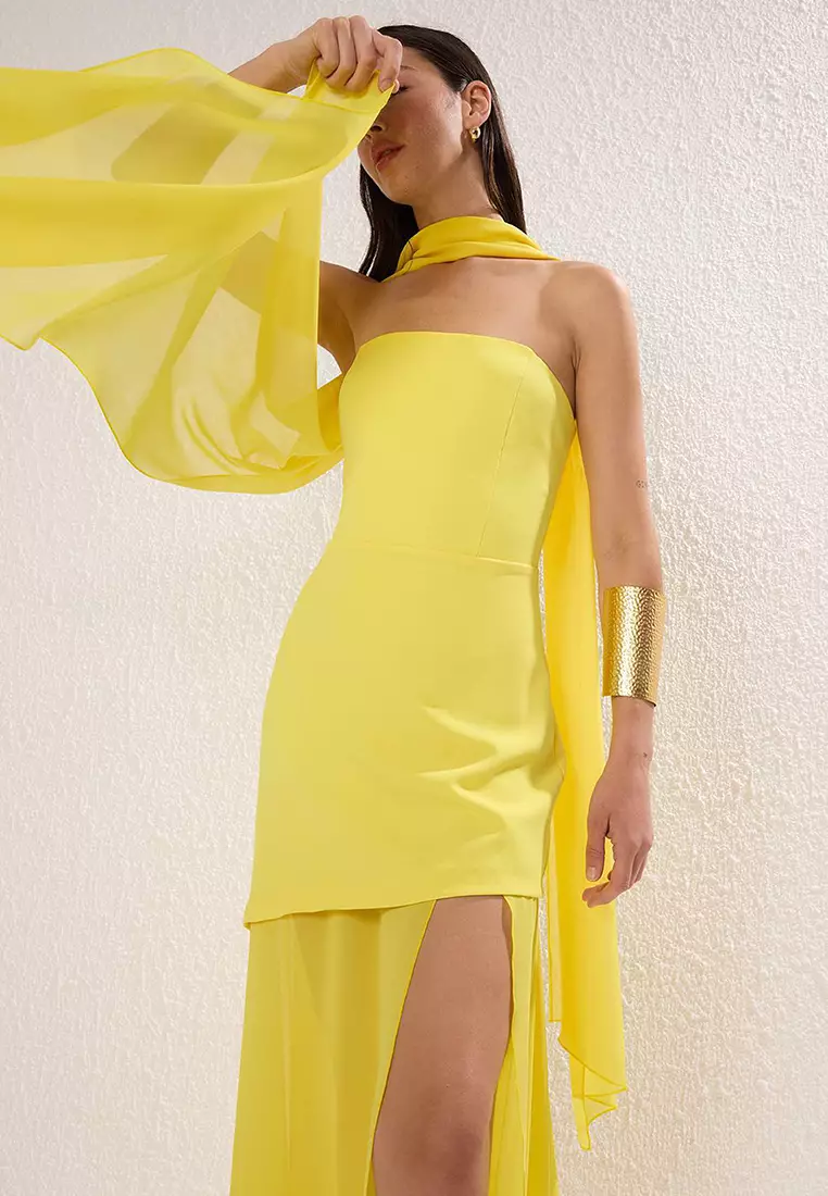 Vibrant Yellow Shawl Detail Maxi Evening Dress