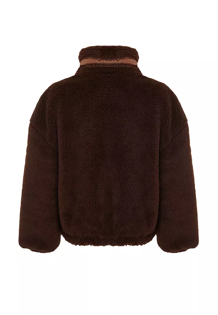 Brown Oversize Molded Zippered Plush Jacket Coat TWOAW21MO0132