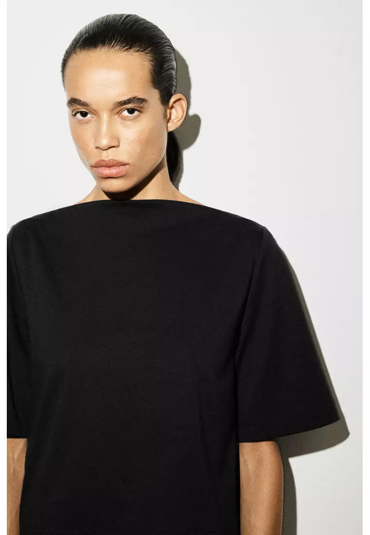 CONTRAST-PANEL BOAT-NECK MIDI DRESS