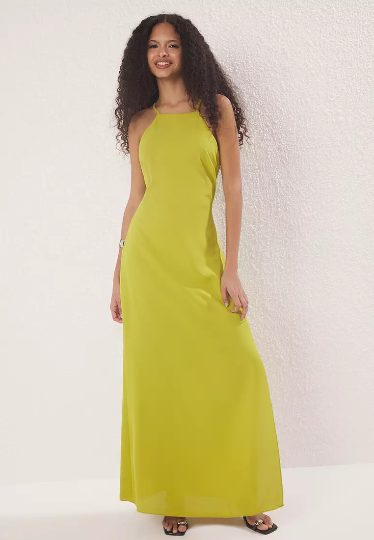 Oil Green Plain A Cut Maxi Woven Dress TWOSS23EL02238