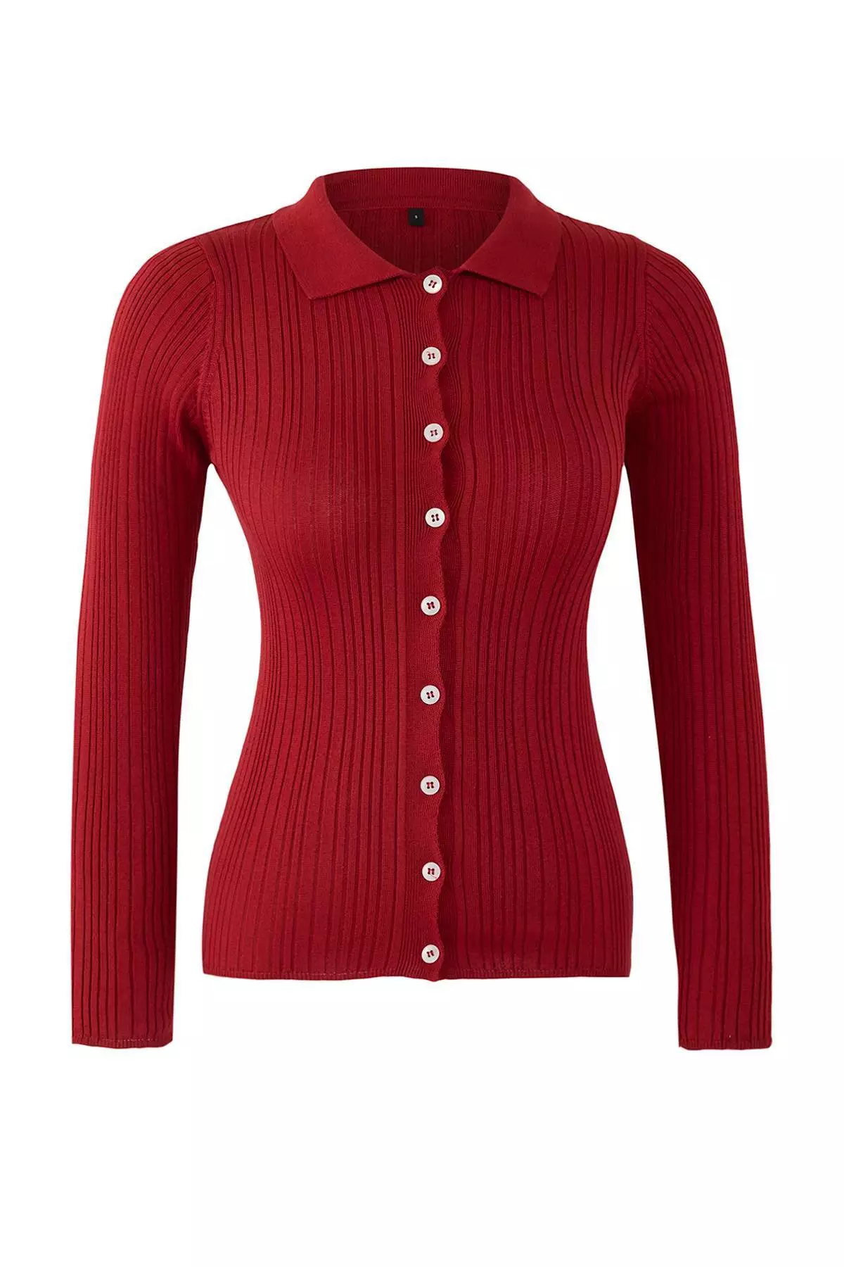 Burgundy Mercerized Look Ribbed Polo Neck Knitwear Cardigan