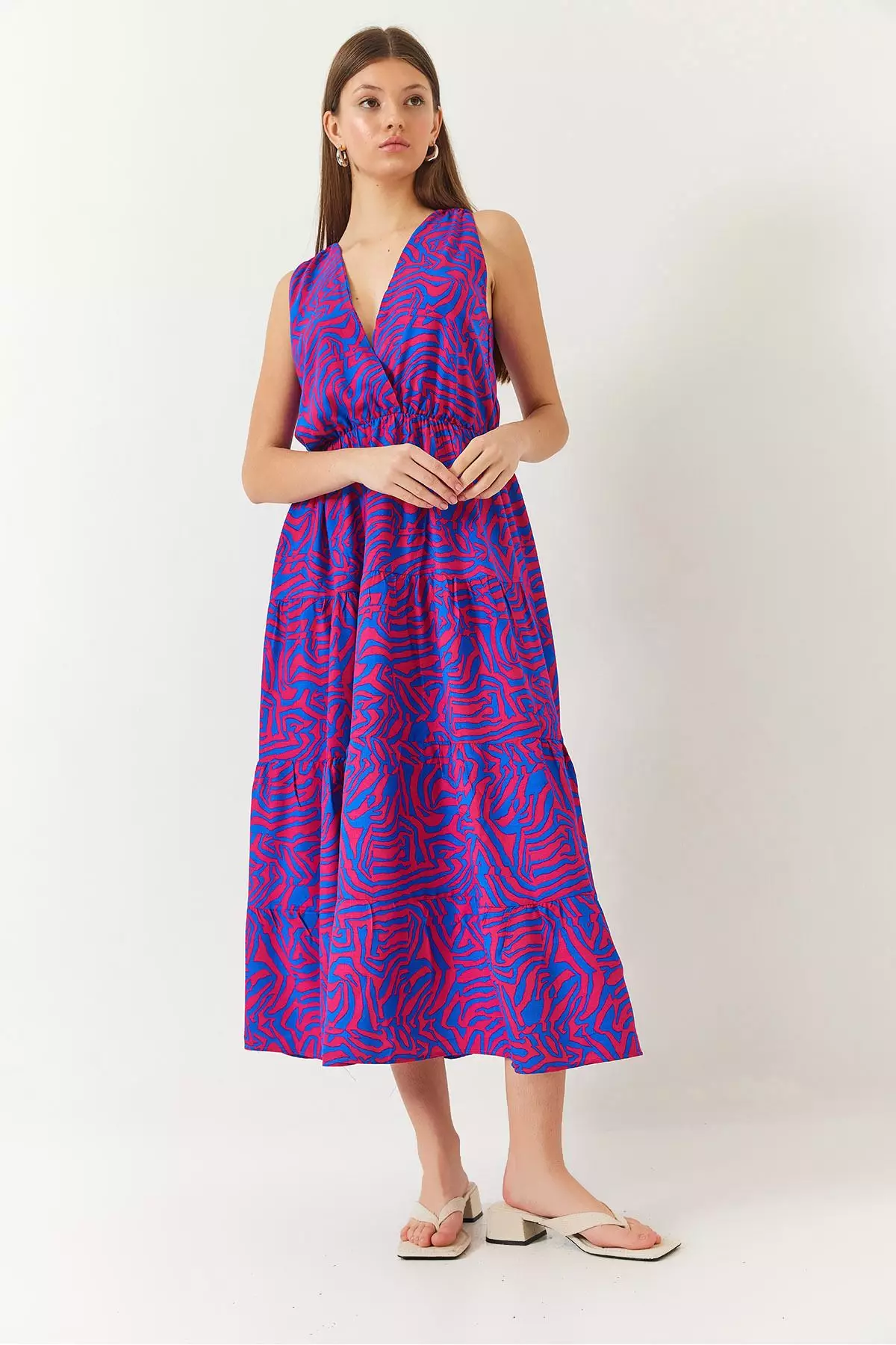 Women's Double Breasted Neckline Elastic Waist Back Rope Tie Print Dress 60261428