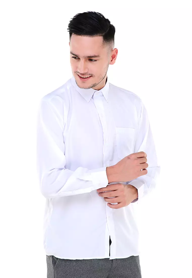 Dwan Atasan Kemeja Pria Formal Casual Longsleeve Plain Shirt Material Cotton ORIGINAL - White
