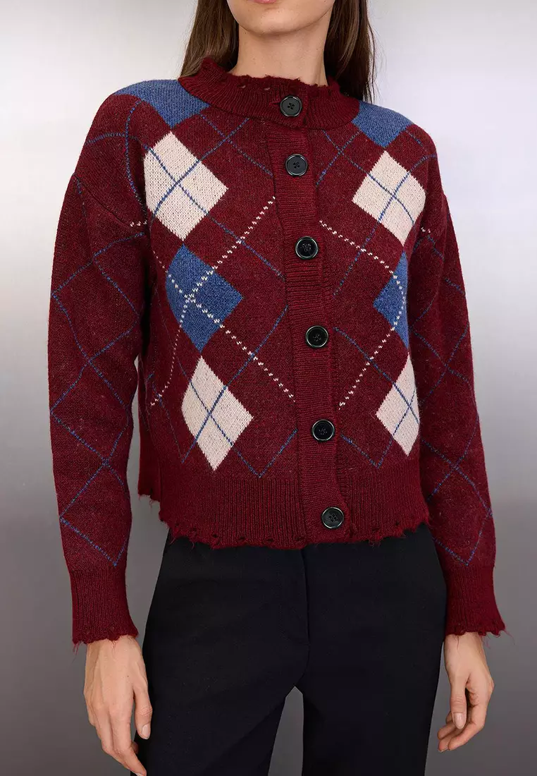 Damson Soft Textured Diamond Pattern Knitwear Cardigan
