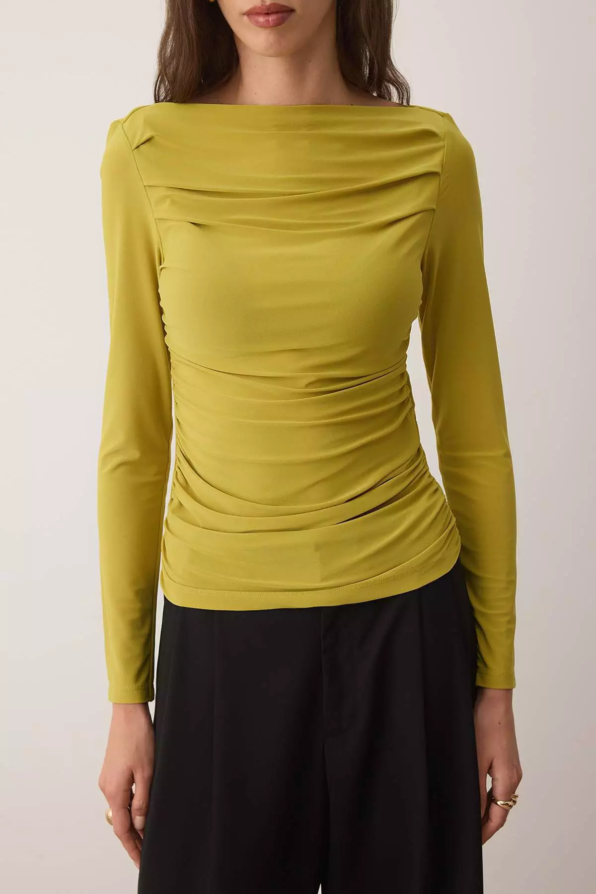 Oil Green Boat Neck Draped Body-Smoothing Flexible Knitted Blouse Twoaw25Bz00109