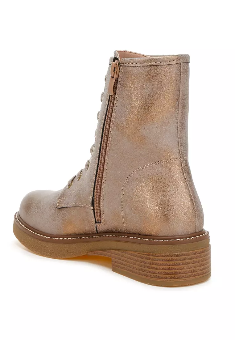 Metallic Texture Lace Up Boots in Tan