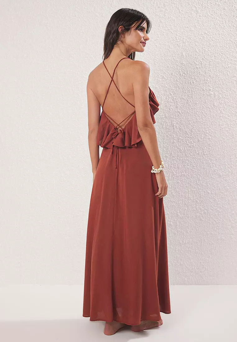Dark Brown Maxi Woven Backless Beach Dress Tbess19Wy0004