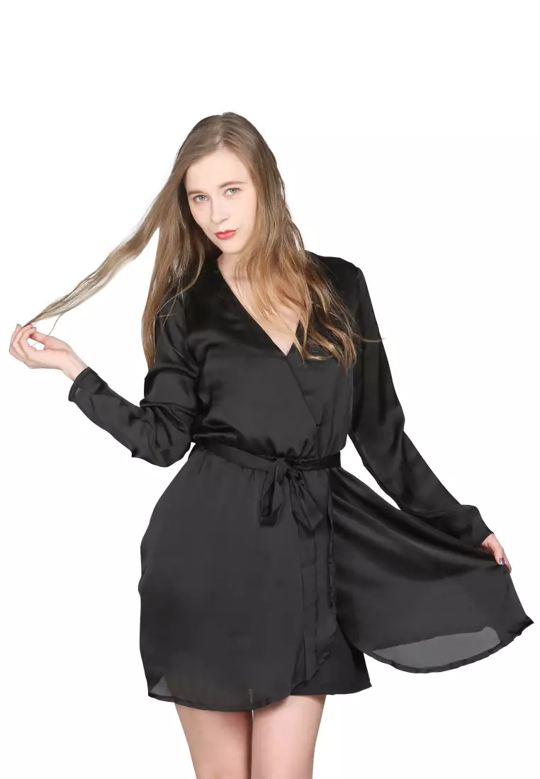 satin black wrap dress