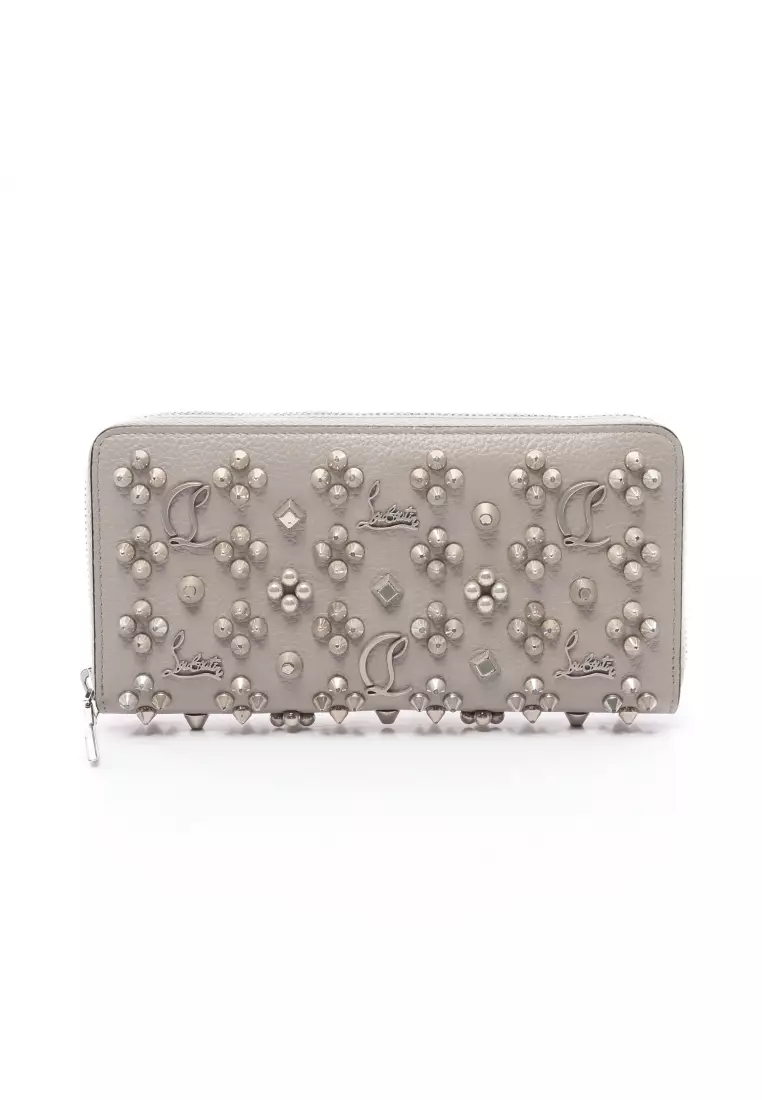 Pre-loved Christian Louboutin PANETTONE Panettone round zipper long wallet  leather gray spike studs