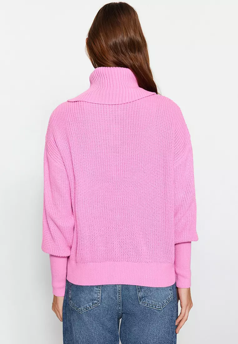 Pink Wide Pattern Turn-down Collar Zippered Knitwear Cardigan TWOAW24HI00072