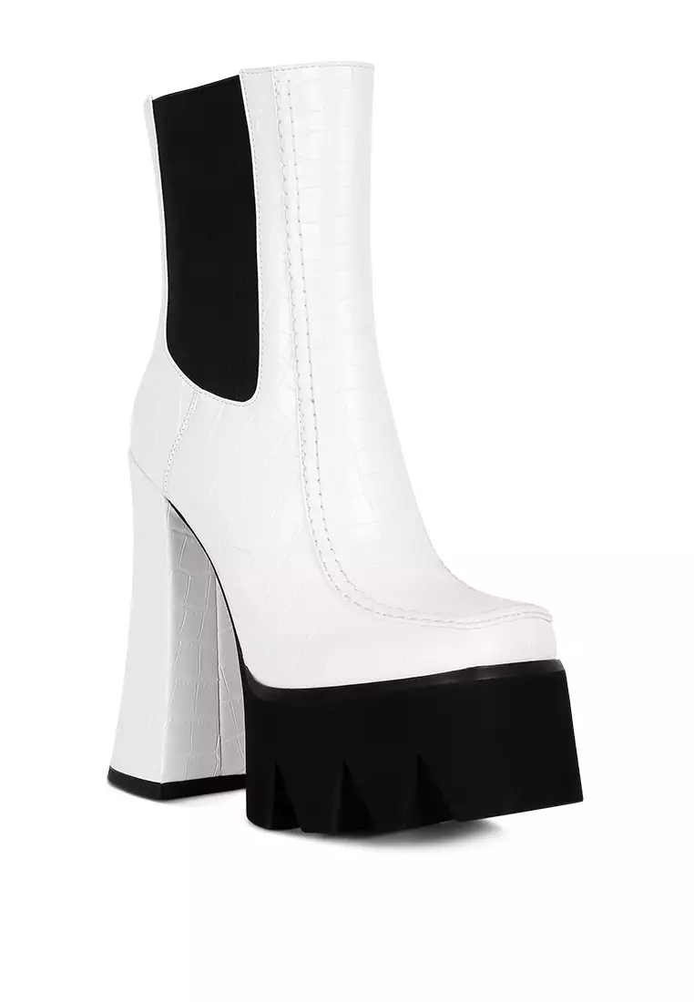 White High Platform Block Heel Lace Up Biker Boots