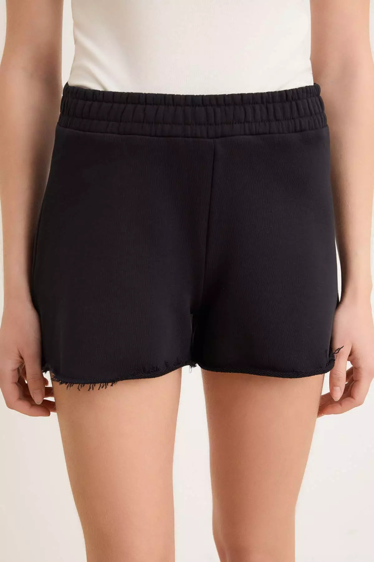 Black Plain Regular Waist Wide Leg Short 3-Thread Combed Cotton Knitted Shorts & Bermuda Twoss26Sr00224