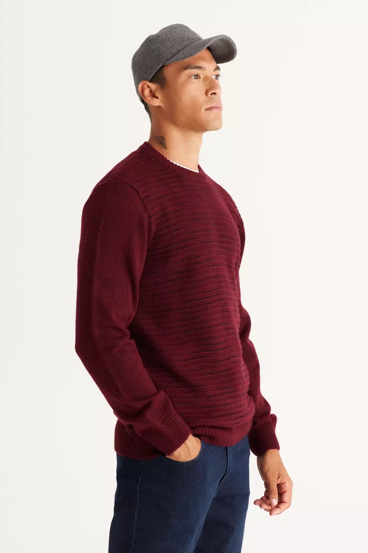 Crew Neck Patterned Knitted Sweater