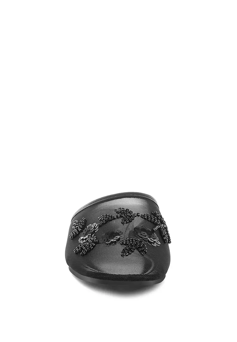 Mesh Sequin Beaded Mules In Black