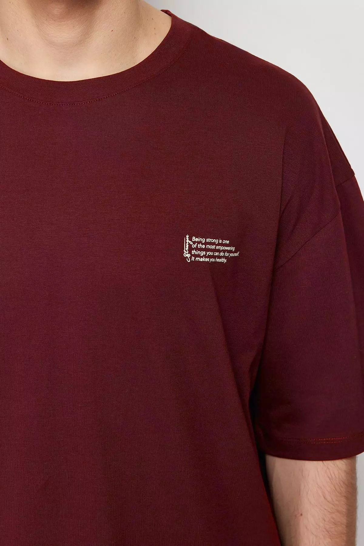 Claret Red Oversize 100% Cotton Crew Neck Minimal Text Printed T-shirt TMNSS23TS00084