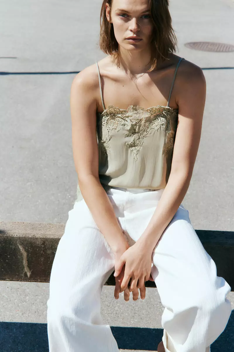 Lace-trimmed viscose top