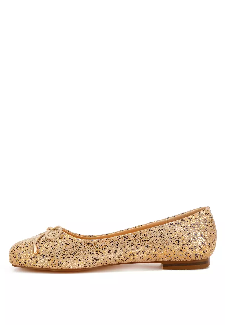Bow Detail Embossed Suede Ballerinas Gold