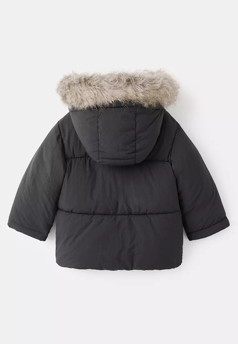 Puffer Coat with Fur-Effect Hood