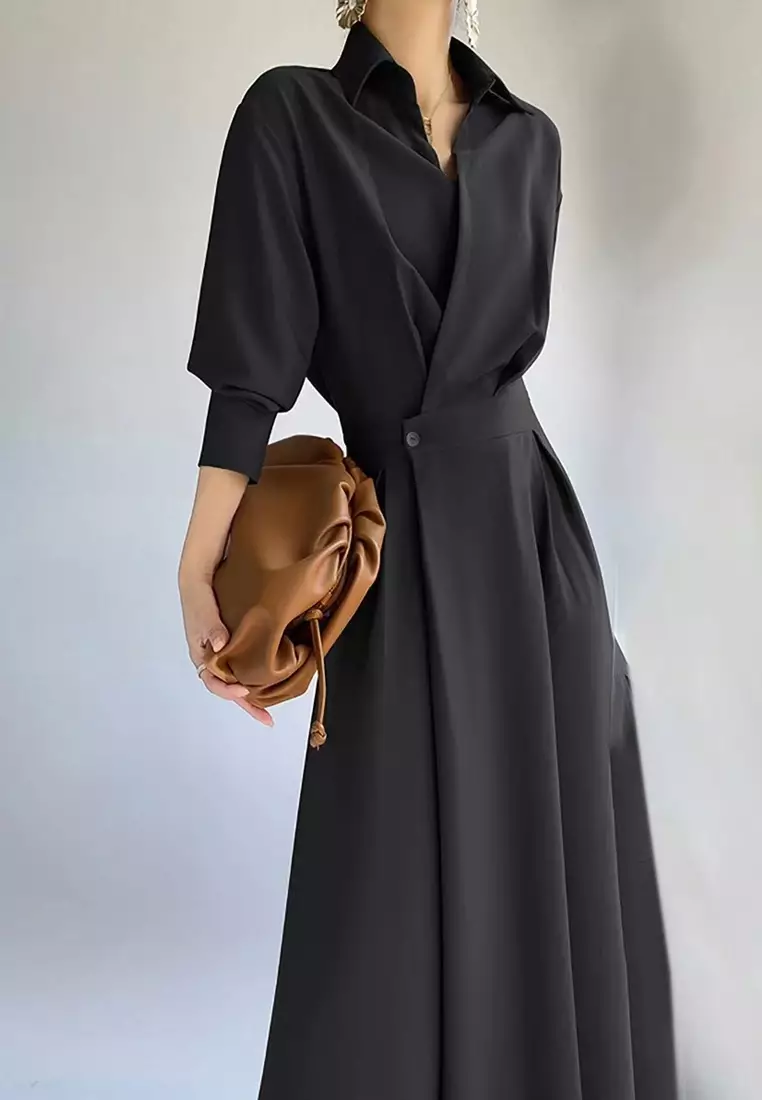 高腰翻領長袖連衣裙XHG-1138-1
