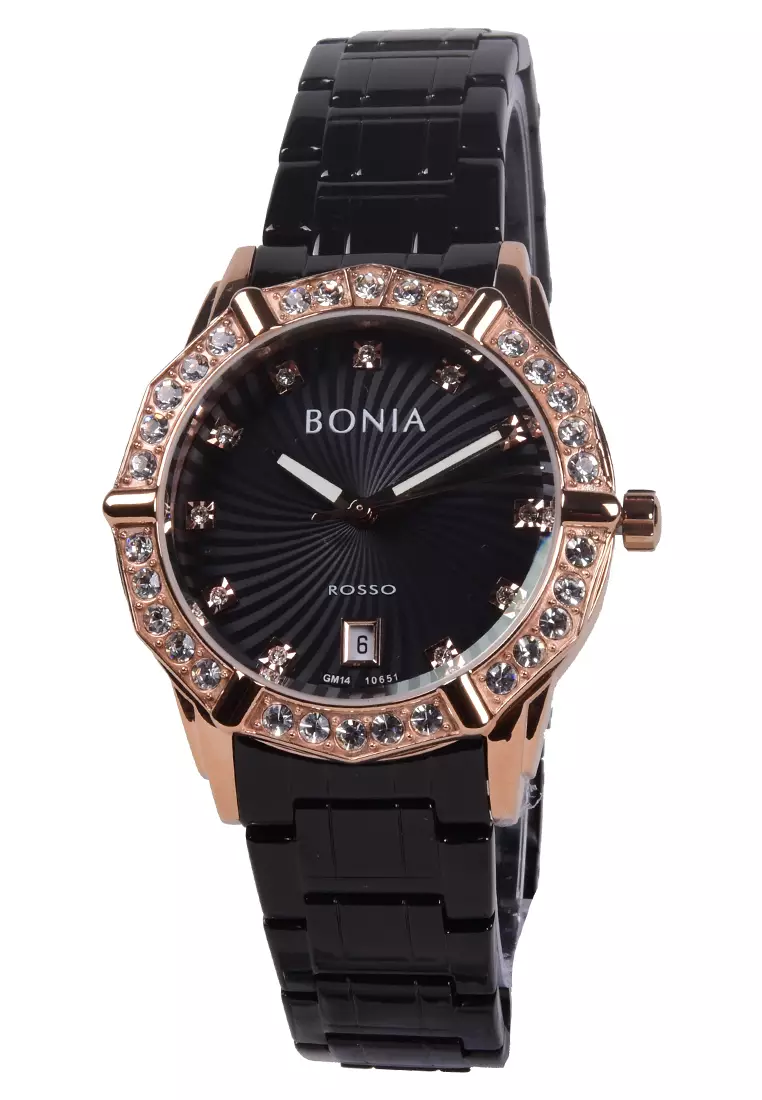 Bonia Swarovsky - Jam Tangan Wanita - Rosegold Black - Stainless Steel Bracelet - B10651-2037S