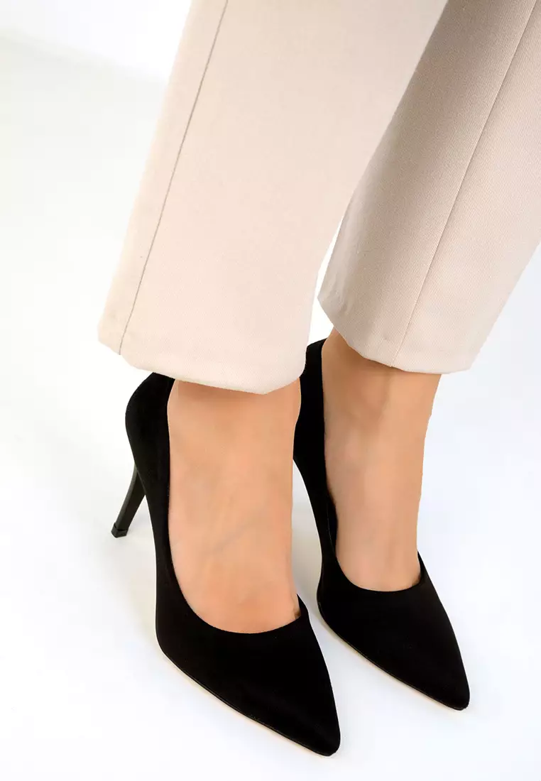 Classic Black Suede Women's Heeled Shoes - 19550